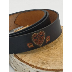 Ceinture cuir noir Coeur / Plume Paon